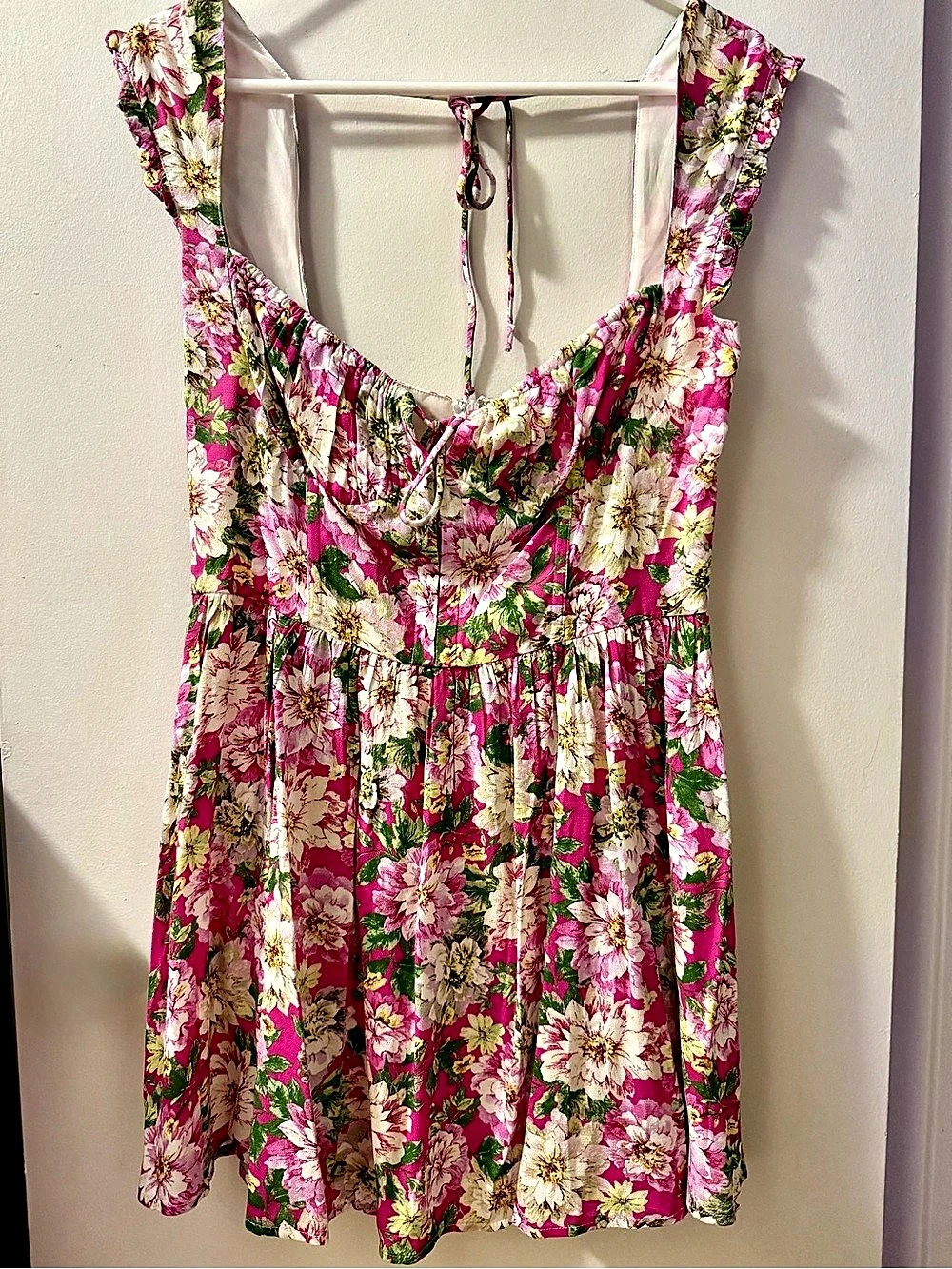Sky to Moon Floral Ruffle Tie Front Mini Dress Green Pink L